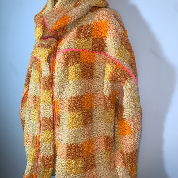 Impressions Orange and Cream plaid Teddy hooded button up Jacket hot pink trim - Picture 2 of 5